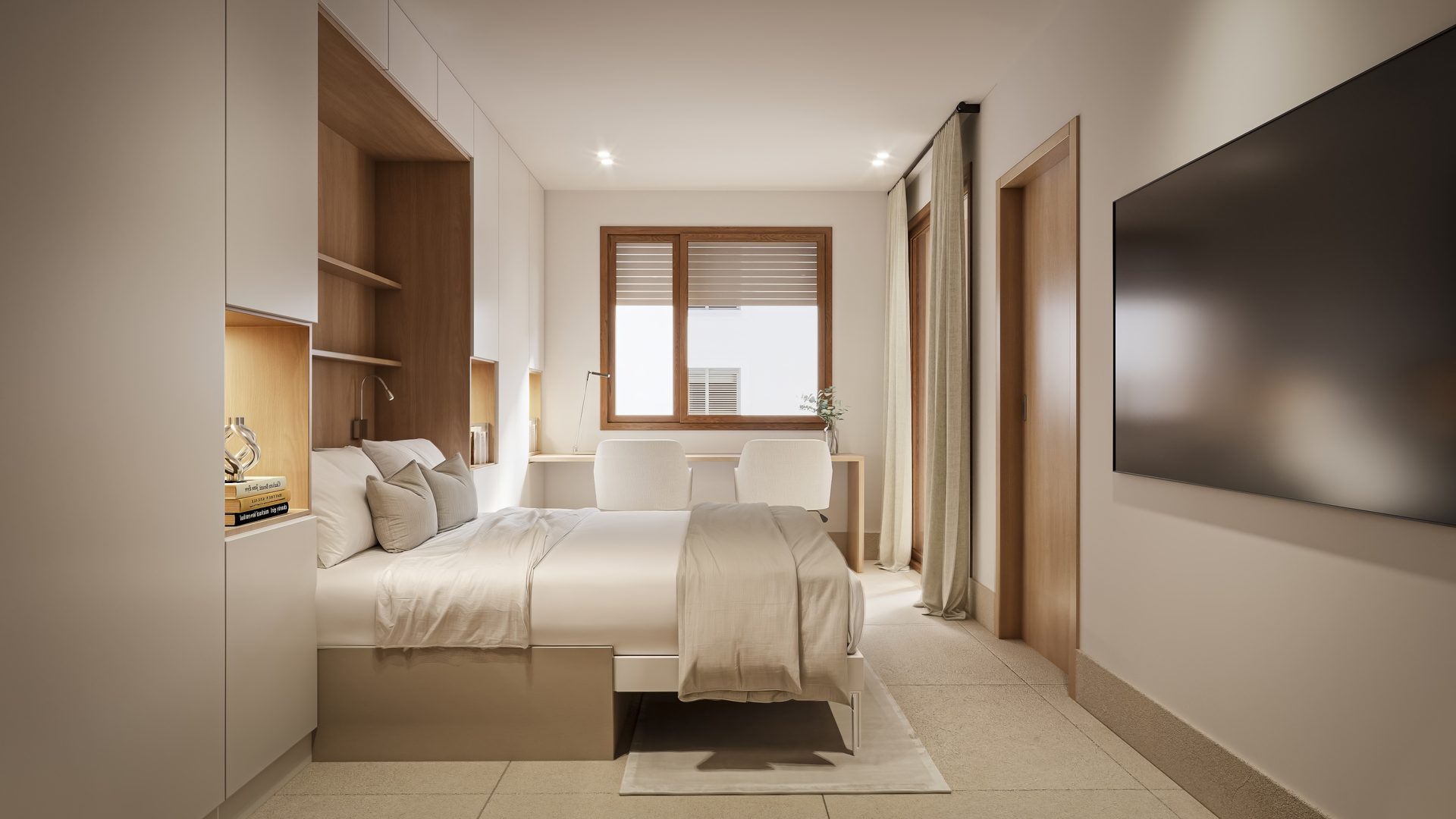 Double room with bed, window and entrance door