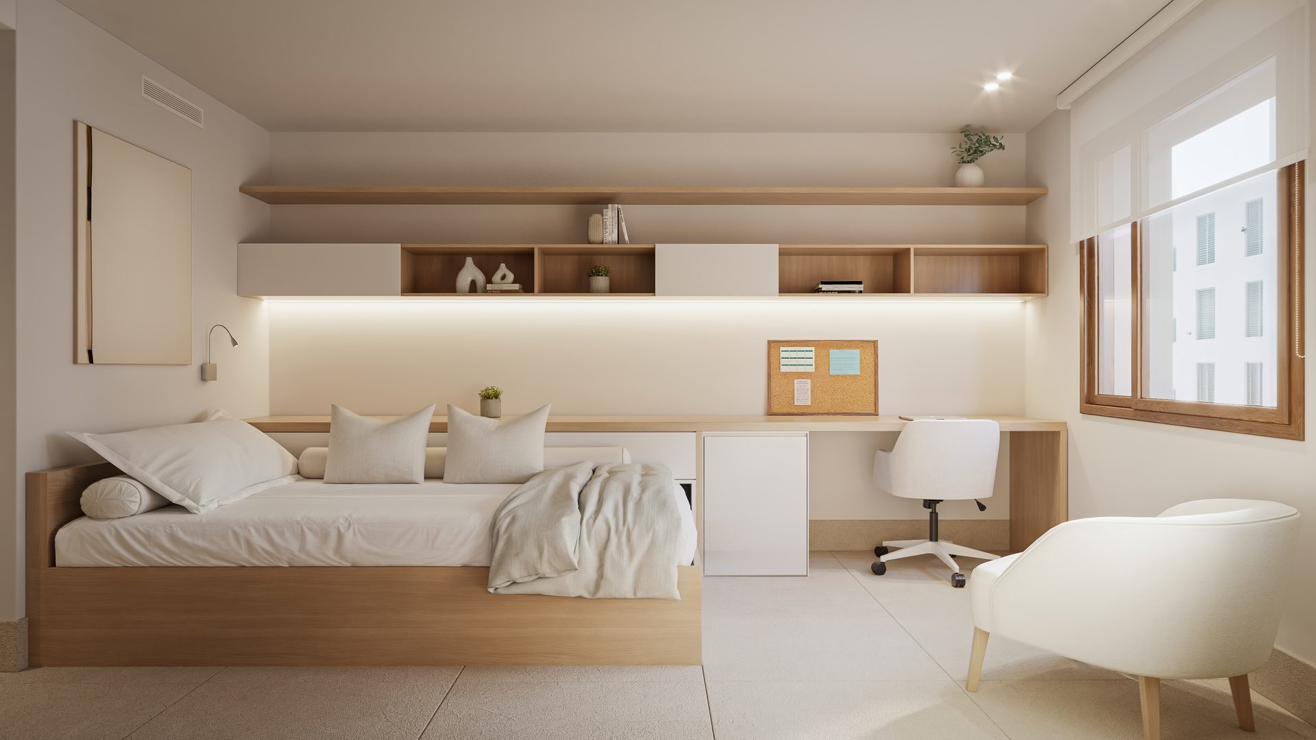 Single room with bed, desk and shelving